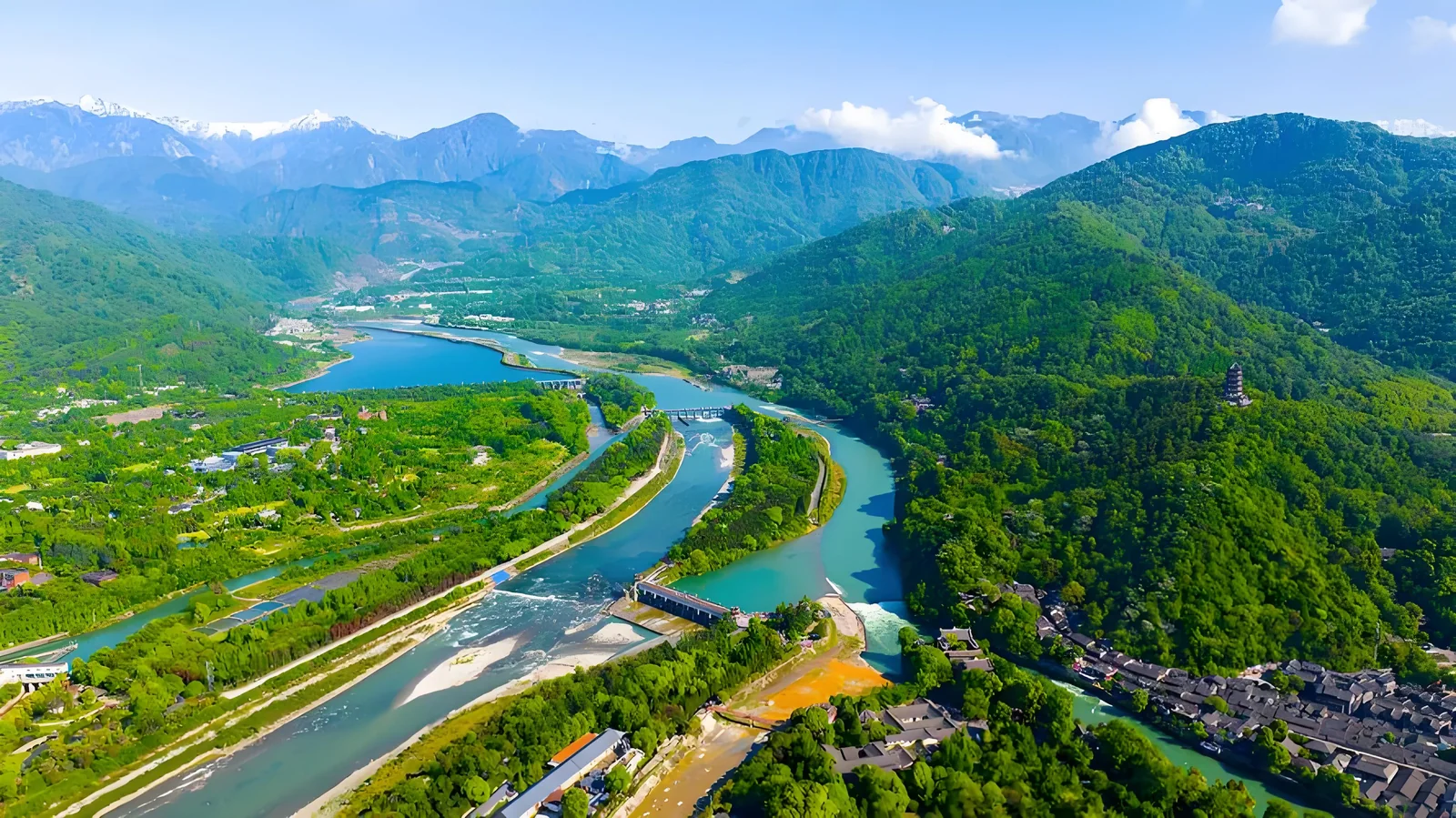 Aerial view of the Dujiangyan irrigation system, Min River splitting between green mountains