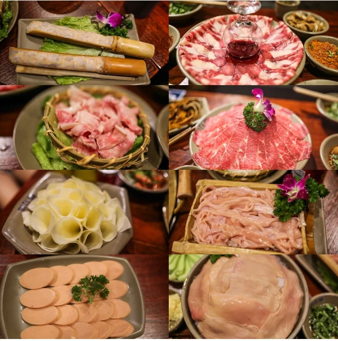 Plates of hotpot ingredients in Chengdu: beef slices, tripe, duck blood and vegetables