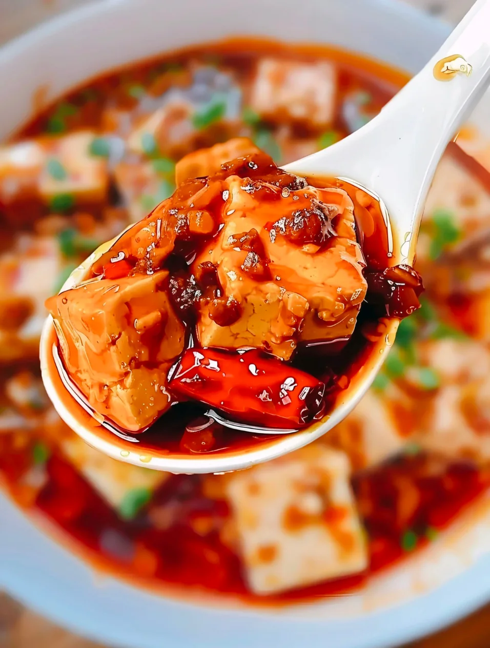 Spoon lifting mapo tofu cubes in red chili oil