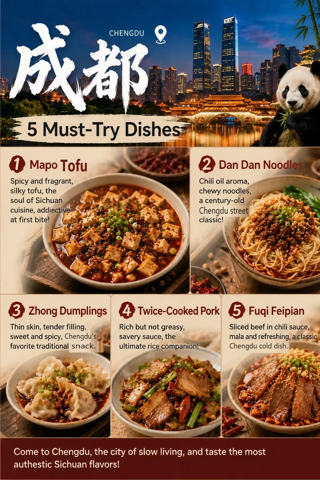 Guide poster of Chengdu's five must-try dishes: mapo tofu, dandan noodles, Zhong dumplings, twice-cooked pork, fuqi feipian