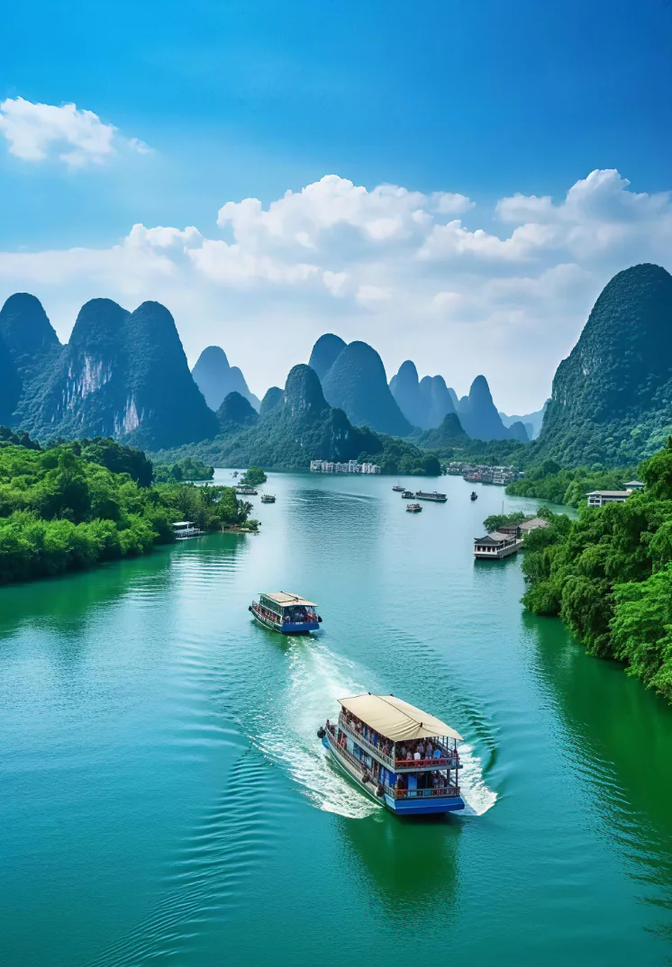 A tour boat running the Li River between karst cliffs near Xingping