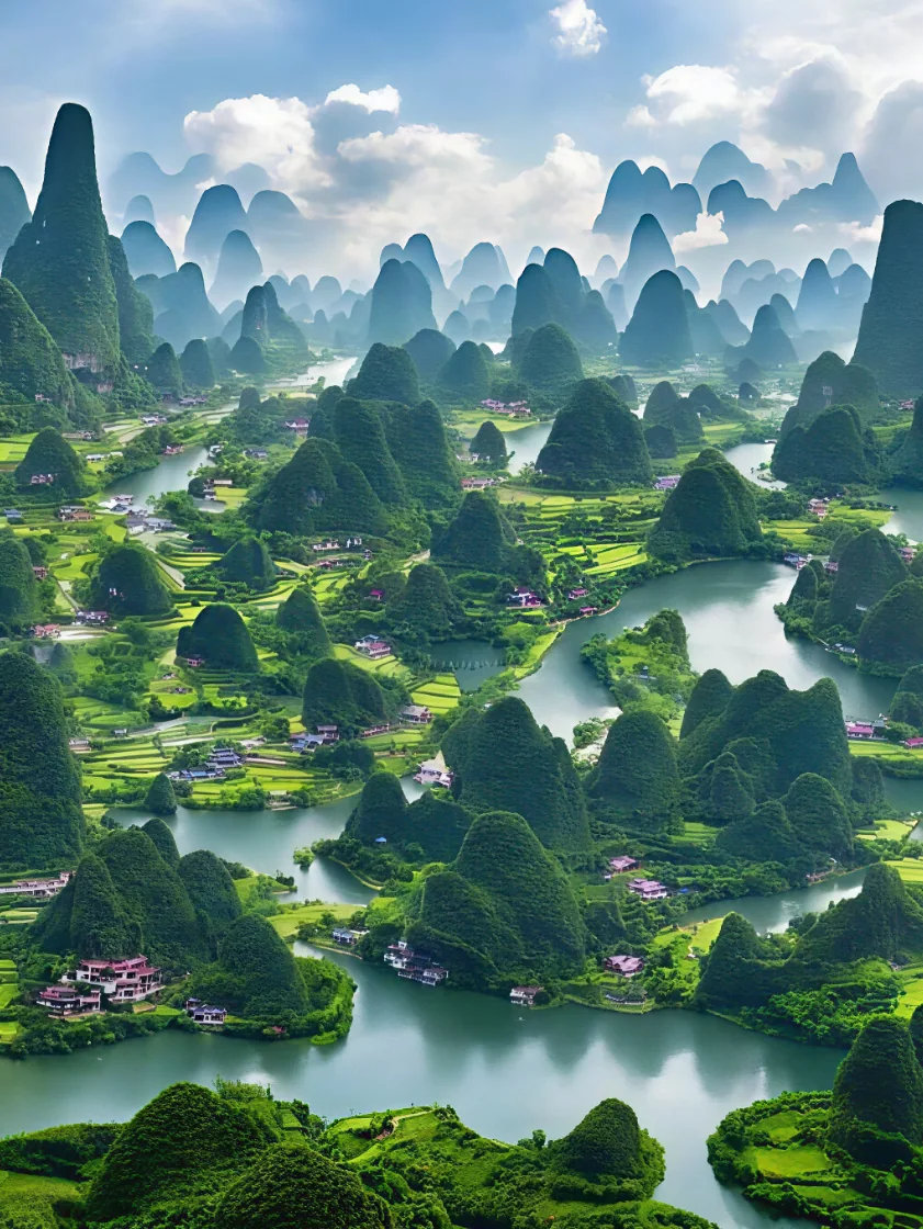 Farmland and karst peaks along the Ten-Mile Gallery corridor outside Yangshuo